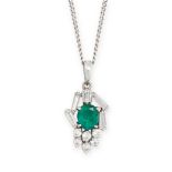 EMERALD AND DIAMOND PENDANT AND CHAIN in 18ct white gold, the pendant set with an oval cut emerald
