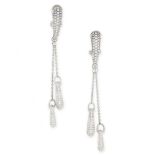 PAIR OF DIAMOND PENDANT EARRINGS each designed as a tapering row of round cut diamonds, suspending