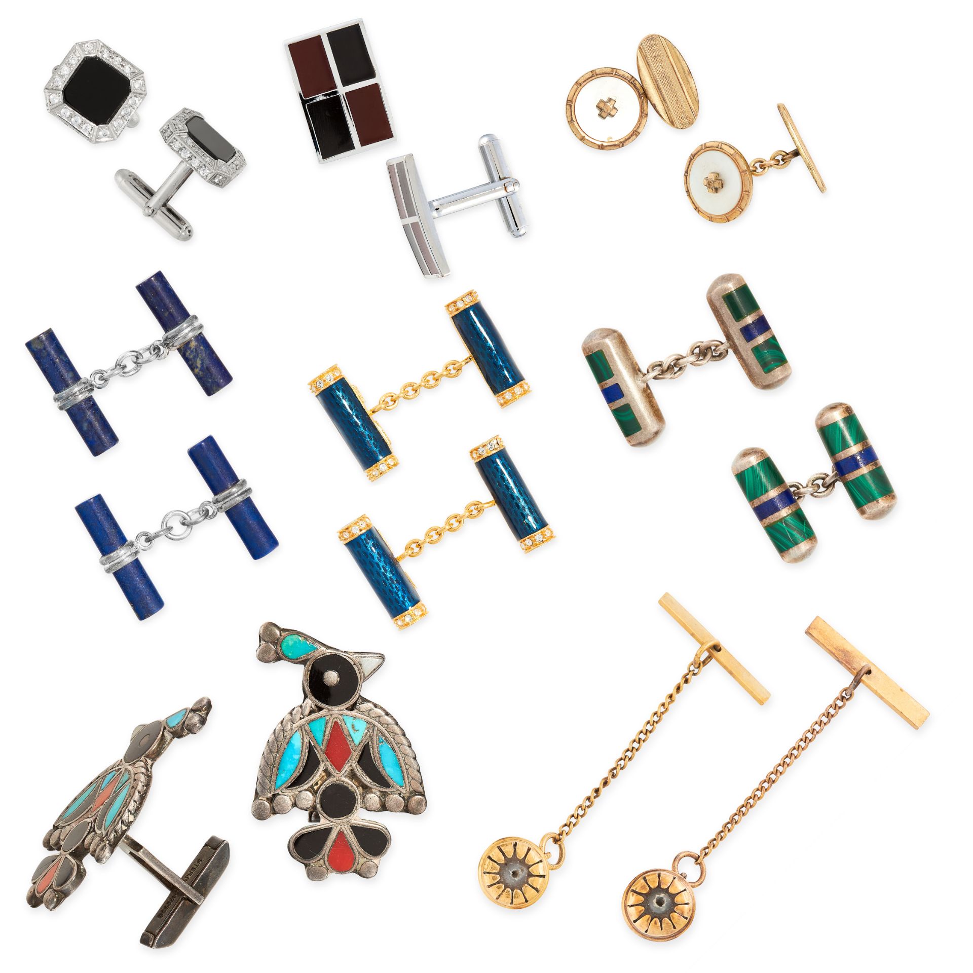 MIXED LOT OF GEMSET CUFFLINKS AND BUTTONS comprising of seven pairs of cufflinks and one pair of
