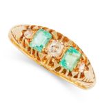 ANTIQUE EMERALD AND DIAMOND RING in 18ct yellow gold, set with two emerald cut emeralds and three