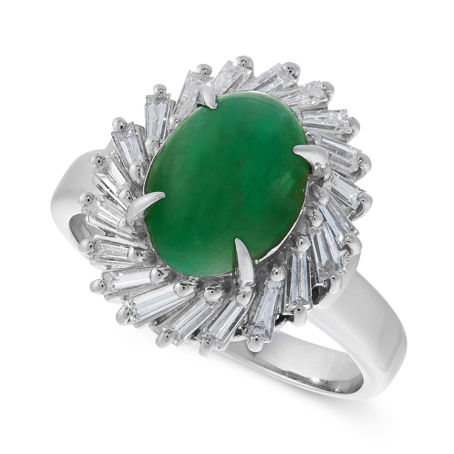 JADE AND DIAMOND CLUSTER RING set with a cabochon jade in a border of baguette cut diamonds, stamped