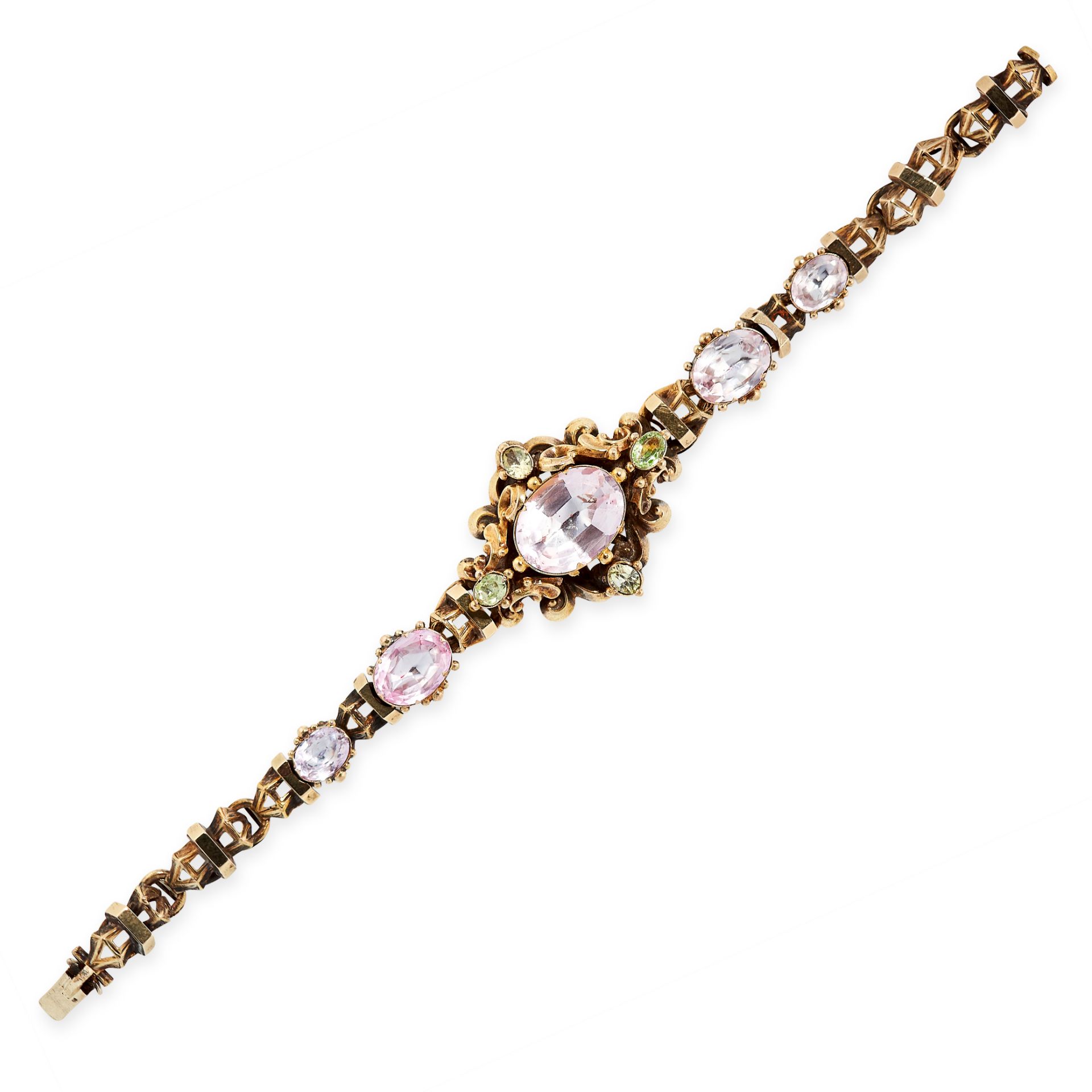 ANTIQUE PINK TOPAZ AND CHRYSOBERYL BRACELET in yellow gold, set with oval cut pink topaz and