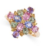 UNHEATED MULTICOLOURED SAPPHIRE RING of cluster design, set with oval blue, purple and pink