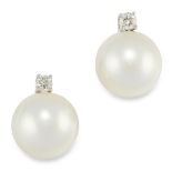 PAIR OF PEARL AND DIAMOND EARRINGS each set with a round cut diamond, above a pearl of 14.9mm,