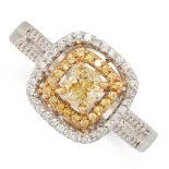 YELLOW AND WHITE DIAMOND RING set with a radiant cut yellow diamond of 0.50 carats, in a double