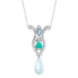 AQUAMARINE, EMERALD AND DIAMOND PENDANT NECKLACE the pendant of scroll design, set with a marquise