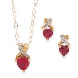VINTAGE RUBY AND DIAMOND EARRINGS AND PENDANT SUITE each set with a heart cut synthetic ruby