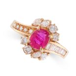 RUBY AND DIAMOND RING claw set with an oval ruby of 0.98 carats, within a border of round cut and