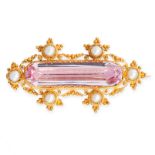 ANTIQUE PINK TOPAZ AND PEARL BROOCH, 19TH CENTURY in high carat yellow gold, set with an elongated