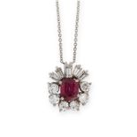 UNHEATED RUBY AND DIAMOND PENDANT in cluster design, set with a cushion cut ruby of 0.91 carats in a