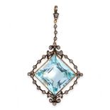 ANTIQUE AQUAMARINE AND DIAMOND PENDANT set with a row of rose cut diamonds, suspending a square