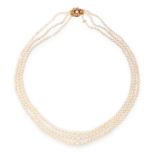 THREE ROW PEARL NECKLACE in 18ct yellow gold, comprising of three row of pearls ranging from 2.4mm-