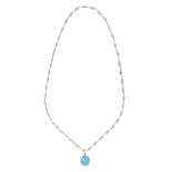 BLUE TOPAZ PENDANT AND CHAIN in white gold, set with an oval cut blue topaz within a border of round