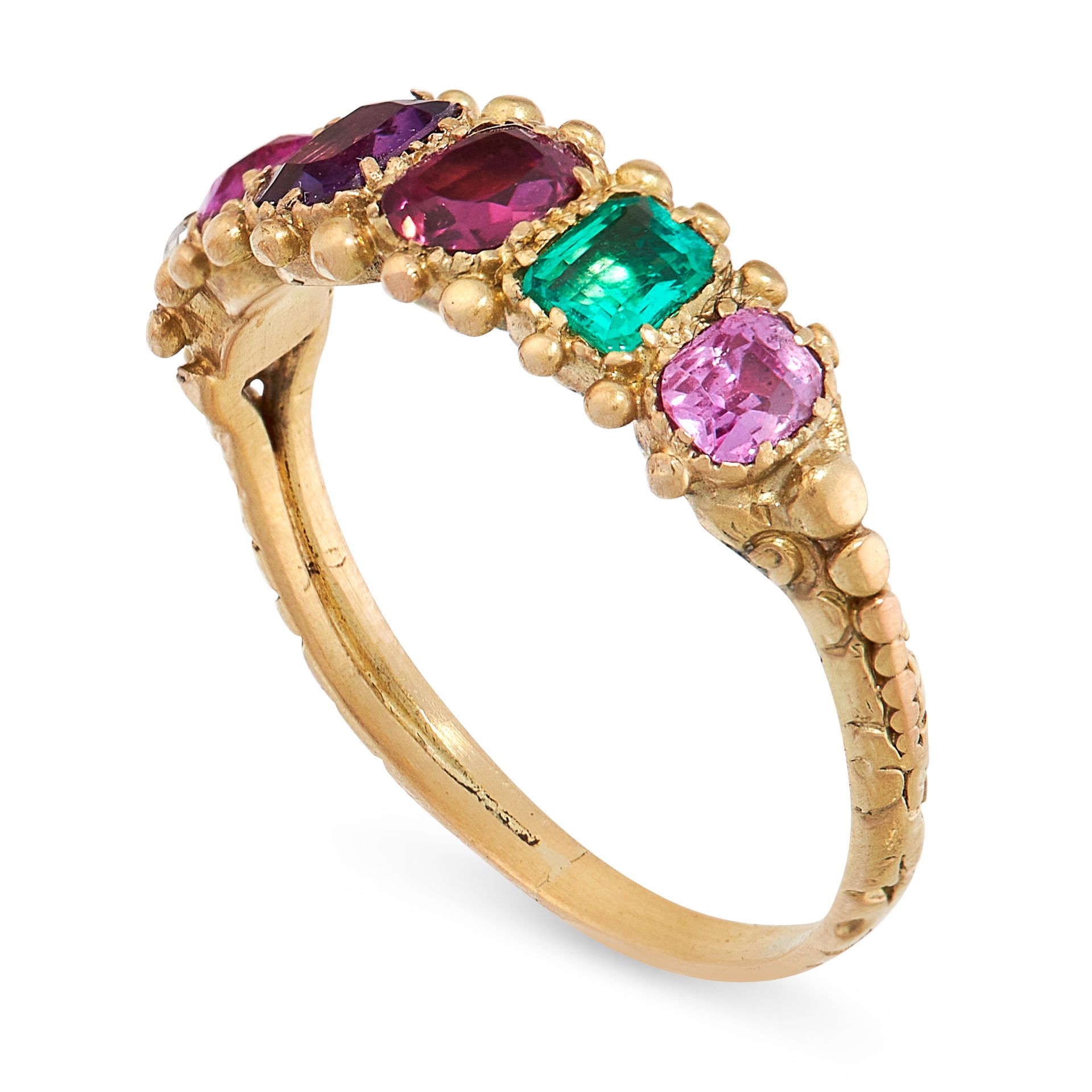 ANTIQUE JEWELLED REGARD RING, 19TH CENTURY in yellow gold, set with a ruby, emerald, garnet, - Bild 2 aus 2