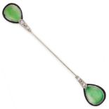 ART DECO JADEITE, ENAMEL AND DIAMOND JABOT PIN, 1920S mounted in 18ct white gold, each end set