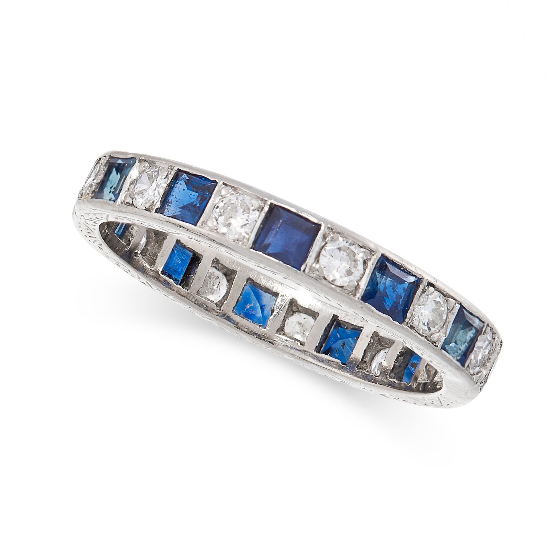 SAPPHIRE AND DIAMOND ETERNITY RING set with alternating step cut sapphires and round cut diamonds,