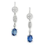 PAIR OF SAPPHIRE AND DIAMOND EARRINGS in drop design, comprising of a diamond set round and