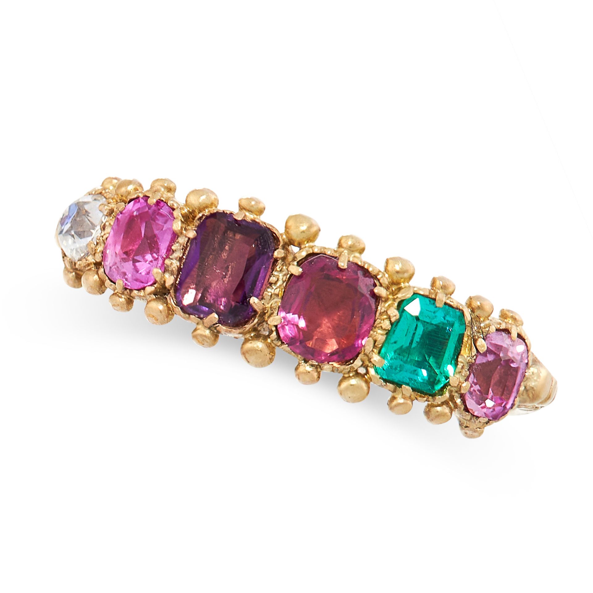 ANTIQUE JEWELLED REGARD RING, 19TH CENTURY in yellow gold, set with a ruby, emerald, garnet,