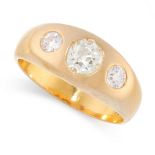 DIAMOND GYPSY RING in high carat yellow gold, set with three old cut diamonds, the central stone