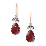 PAIR OF GARNET AND DIAMOND EARRINGS in drop design, comprising a foliate motif set with rose cut