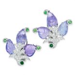 A PAIR OF TANZANITE, GREEN GARNET AND DIAMOND EARRINGS in 18ct white gold, each of foliate design,