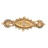ANTIQUE VICTORIAN PEARL AND DIAMOND BROOCH in yellow gold, comprising three old cut diamonds in star