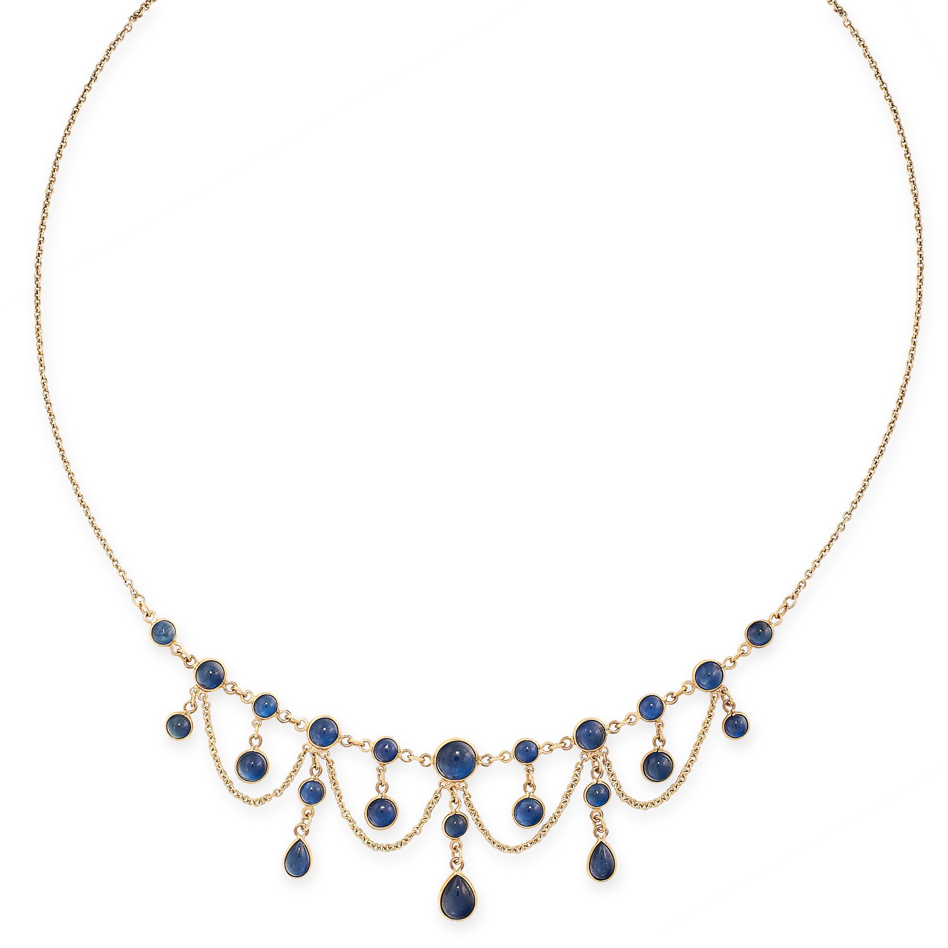 VINTAGE SAPPHIRE NECKLACE in 14ct yellow gold, in fringe design, comprising of a row of cabochon