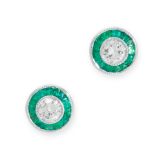 PAIR OF EMERALD AND DIAMOND STUD EARRINGS in 18ct white gold, of target design, each set to the