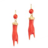 PAIR OF ANTIQUE CORNICELLO CORAL HAND EARRINGS in yellow gold, each set with a carved coral