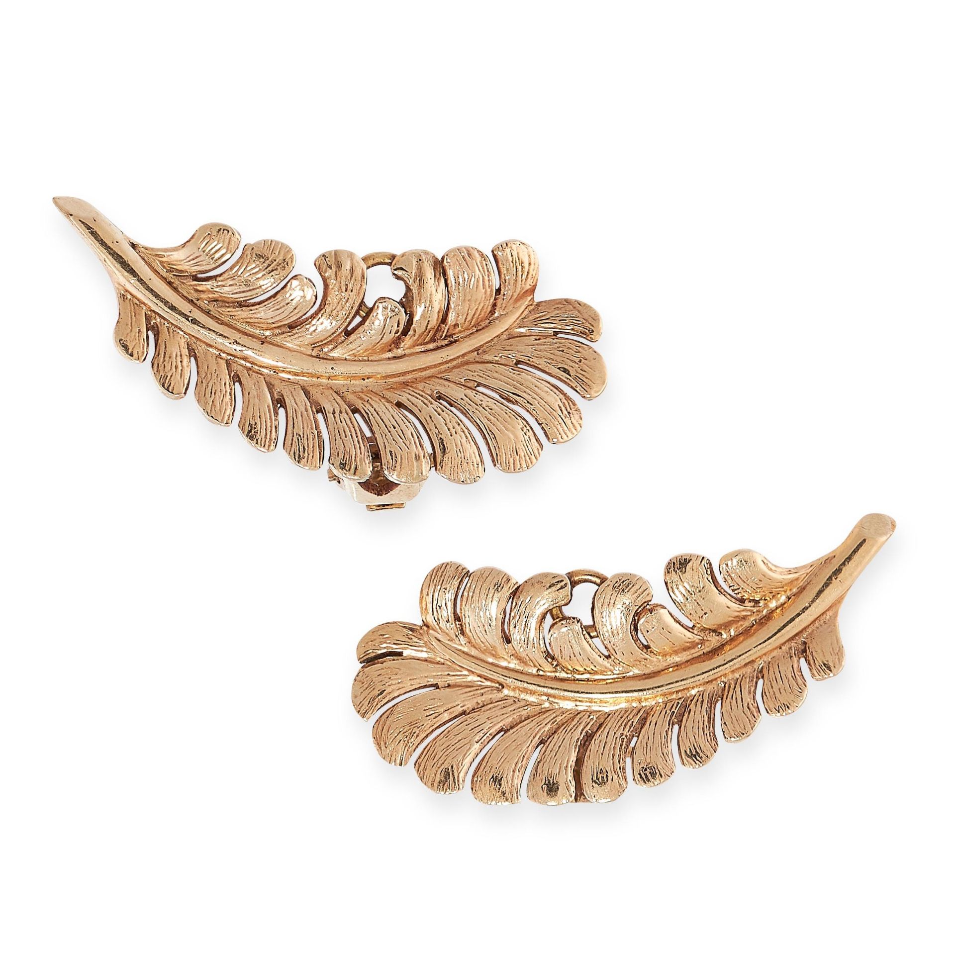 PAIR OF CLIP EARRINGS, TIFFANY & CO mounted in 14ct yellow gold, each designed as a feather,