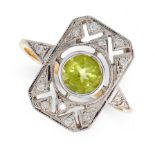PERIDOT AND DIAMOND RING in 18ct yellow gold, in Art Deco style, set with a round cut peridot in a