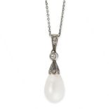 A PEARL AND DIAMOND PENDANT AND CHAIN the pendant set with a drop shaped pearl of 12.5mm, accented