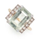 PRASIOLITE AND DIAMOND RING in yellow gold, in Art Deco style, set with an emerald cut prasiolite