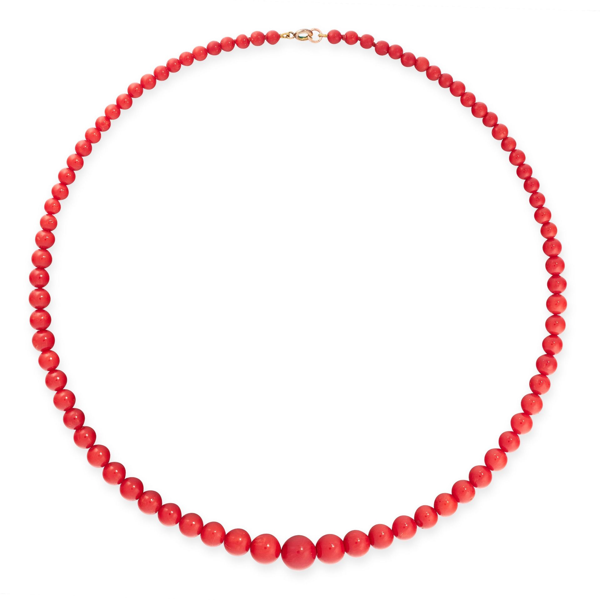 ANTIQUE CORAL BEAD NECKLACE in yellow gold, comprising a single row of eighty-three graduated