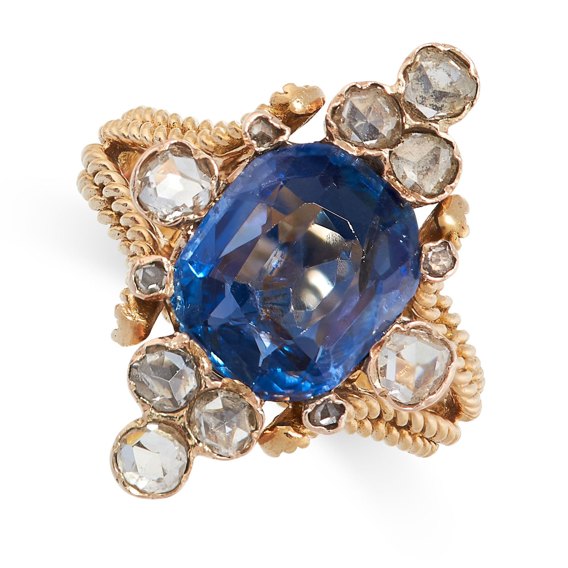 CEYLON NO HEAT SAPPHIRE AND DIAMOND RING set with a cushion cut sapphire of 3.49 carats accented