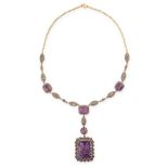 AMETHYST AND DIAMOND PENDANT NECKLACE set with a principal emerald cut amethyst, within a border
