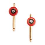 PAIR OF ART DECO CORAL, ONYX AND DIAMOND DRESS STUDS / BUTTONS, CARTIER in 14ct yellow gold, each