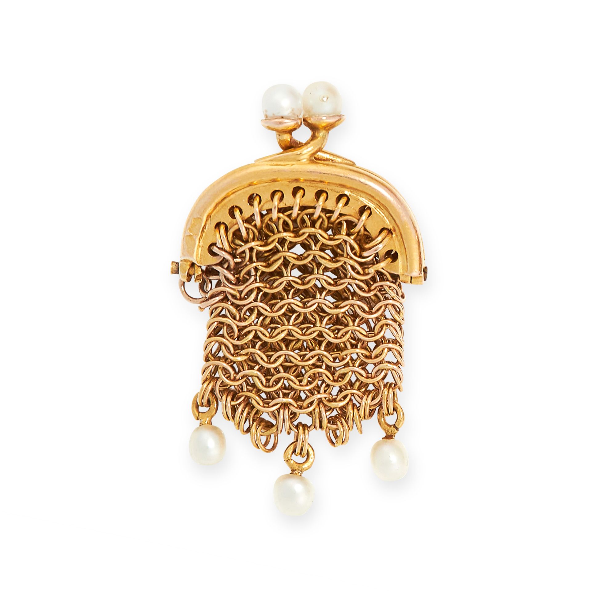 ANTIQUE PEARL PURSE CHARM PENDANT in yellow gold, the hinged mesh body with clip clasp set with