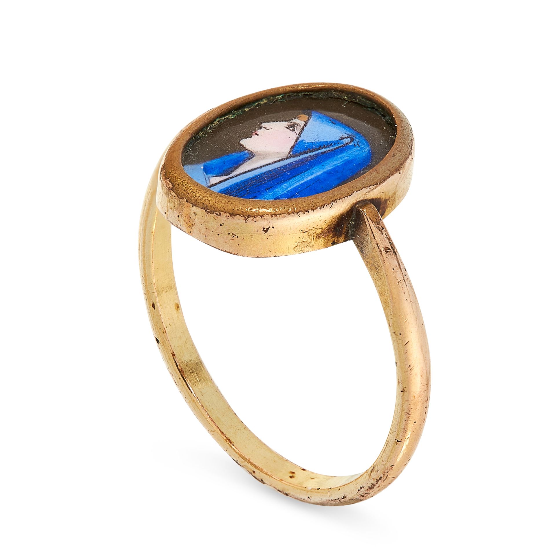 ANTIQUE ENAMEL ST FABIOLA RING in yellow gold, the oval face containing a painted enamel miniature - Bild 2 aus 2