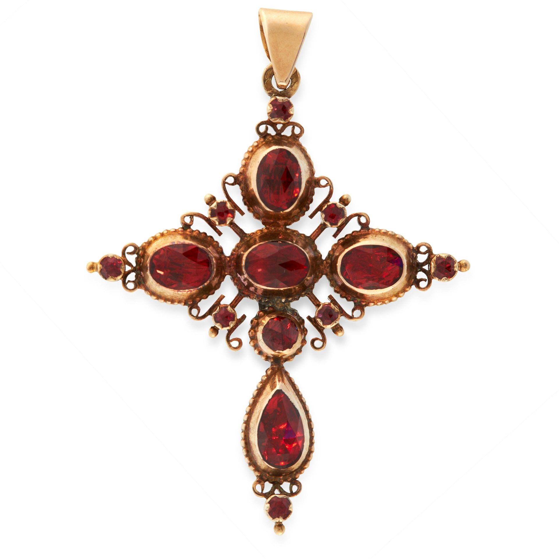 ANTIQUE GARNET CROSS PENDANT, 19TH CENTURY in 18ct yellow gold, the body set with a series of