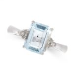 AN AQUAMARINE AND DIAMOND RING in 9ct white gold, set with an emerald cut aquamarine of 1.91