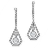 A PAIR OF DIAMOND DROP EARRINGS formed of a single row of step, baguette and single cut diamonds