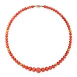 A CORAL BEAD NECKLACE comprising of a single row of graduated polished coral beads ranging from 7.