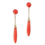A PAIR OF ANTIQUE CORAL EARRINGS, 19TH CENTURY each set with a polished coral drop suspended below a