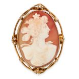 AN ANTIQUE CAMEO BROOCH set with an oval carved shell cameo depicting a Grecian woman in scrolling