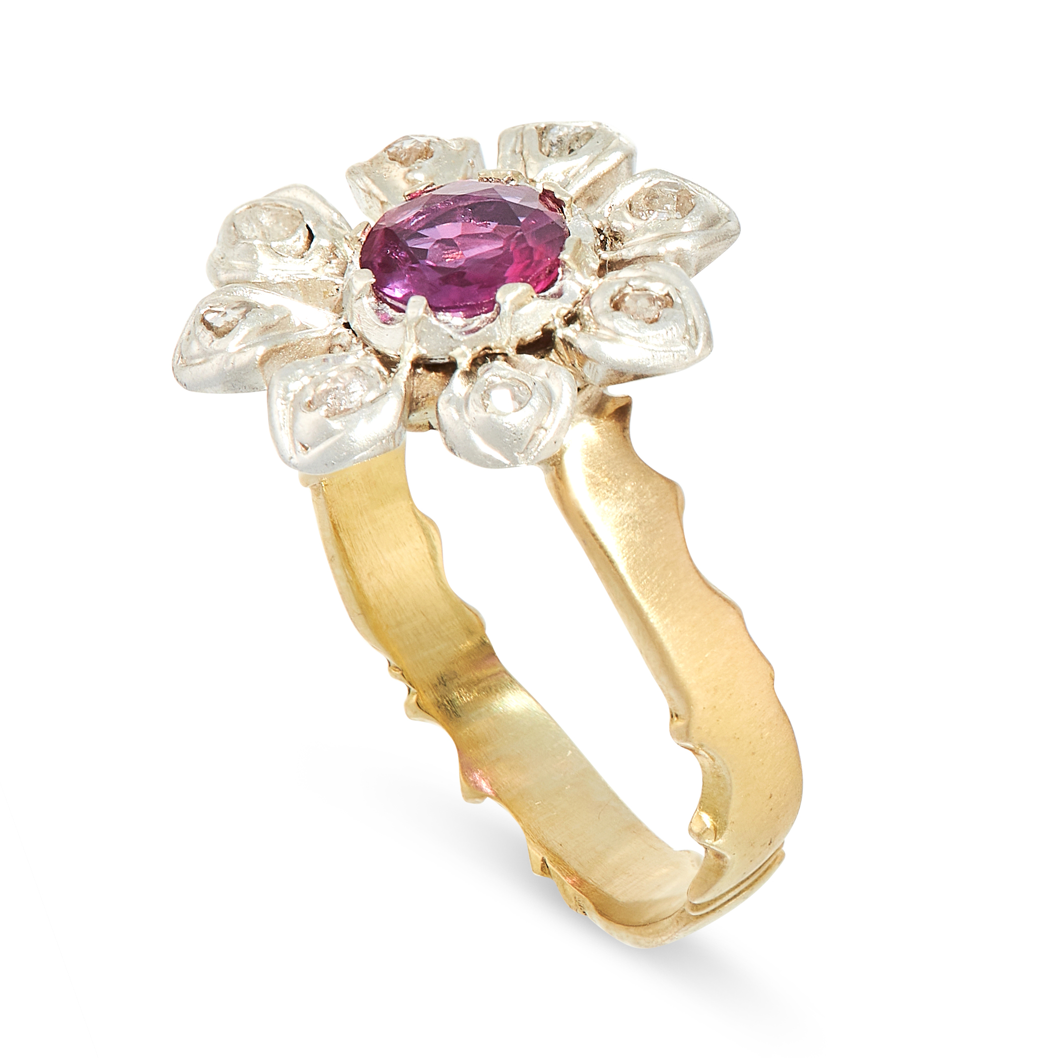 A RUBY AND DIAMOND RING in floral design, set with a central round cut ruby of 0.47 carats with rose - Image 2 of 2