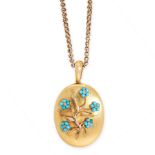 AN ANTIQUE TURQUOISE AND DIAMOND LOCKET AND CHAIN, 19TH CENTURY in yellow gold, the locket applied