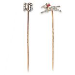 A PAIR OF ANTIQUE DIAMOND AND ENAMEL TIE / STICK PINS, LATE 19TH CENTURY in yellow gold and