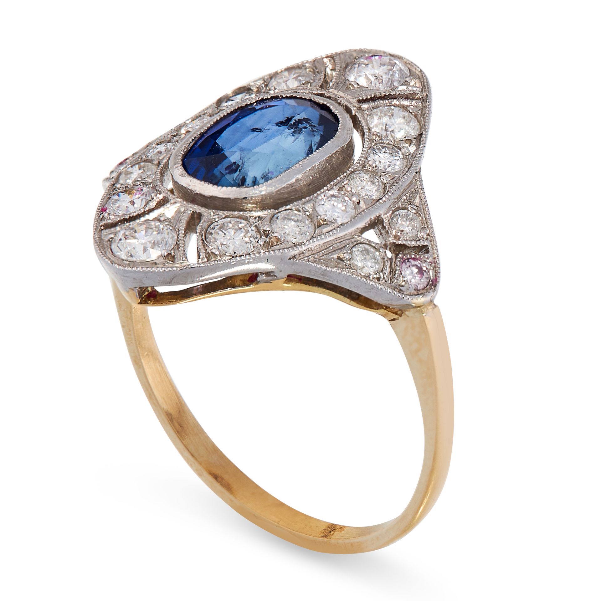 A SAPPHIRE AND DIAMOND RING in 18ct yellow gold and platinum, the navette shaped face set with an - Image 2 of 2