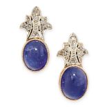 A PAIR OF TANZANITE AND DIAMOND EARRINGS each set with a cabochon tanzanite below a foliate design